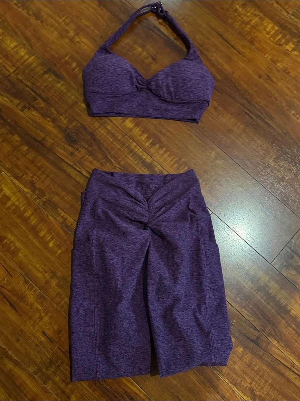 Bombshell Sportswear Purple Passion V Back Leggings & Backless Halter Bra Set
